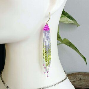 Boho Chic Seed Bead Fringe Tassel Dangle Earrings, Statement Artisan 3.5"